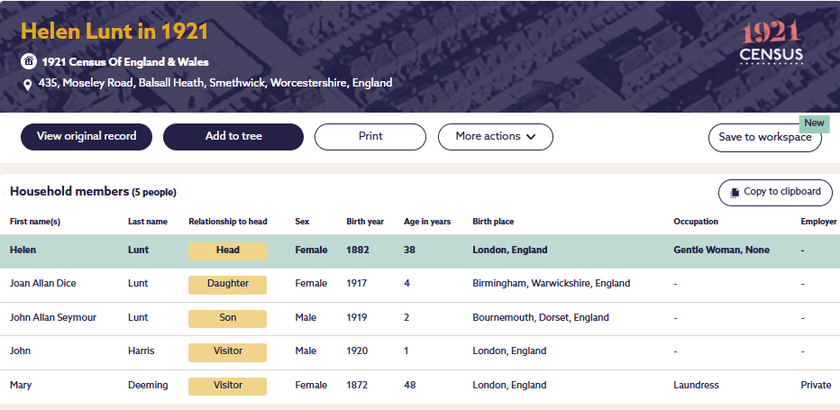 1921 Census transcription Helen Lunt page 1